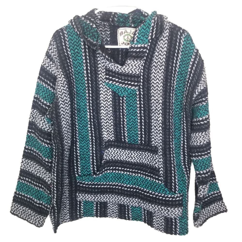 Baja Joe Mens Mexican Hoodie Durg Rug Hippie Beach Blanket Poncho Size S Striped